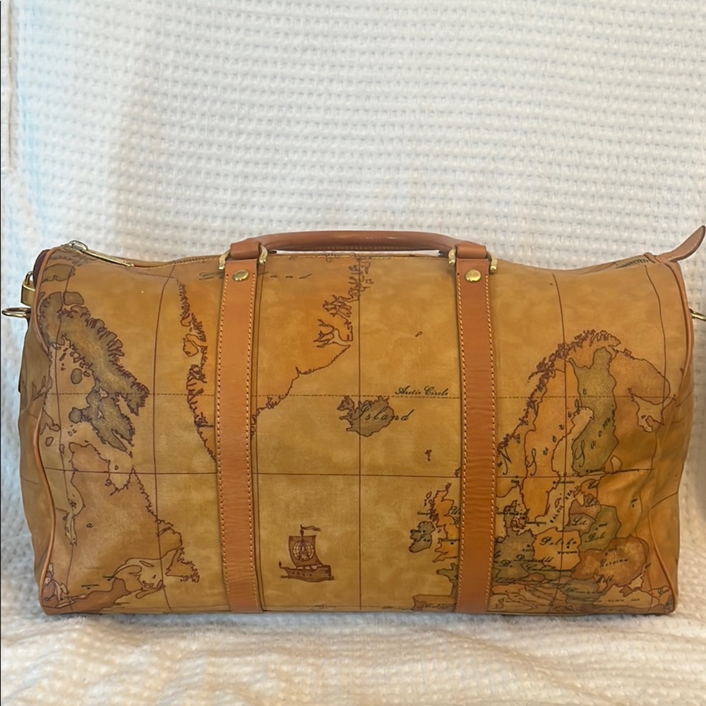 Prima Classe Vintage Map Print Brown Leather Duffel Bag - Picture 2 of 12